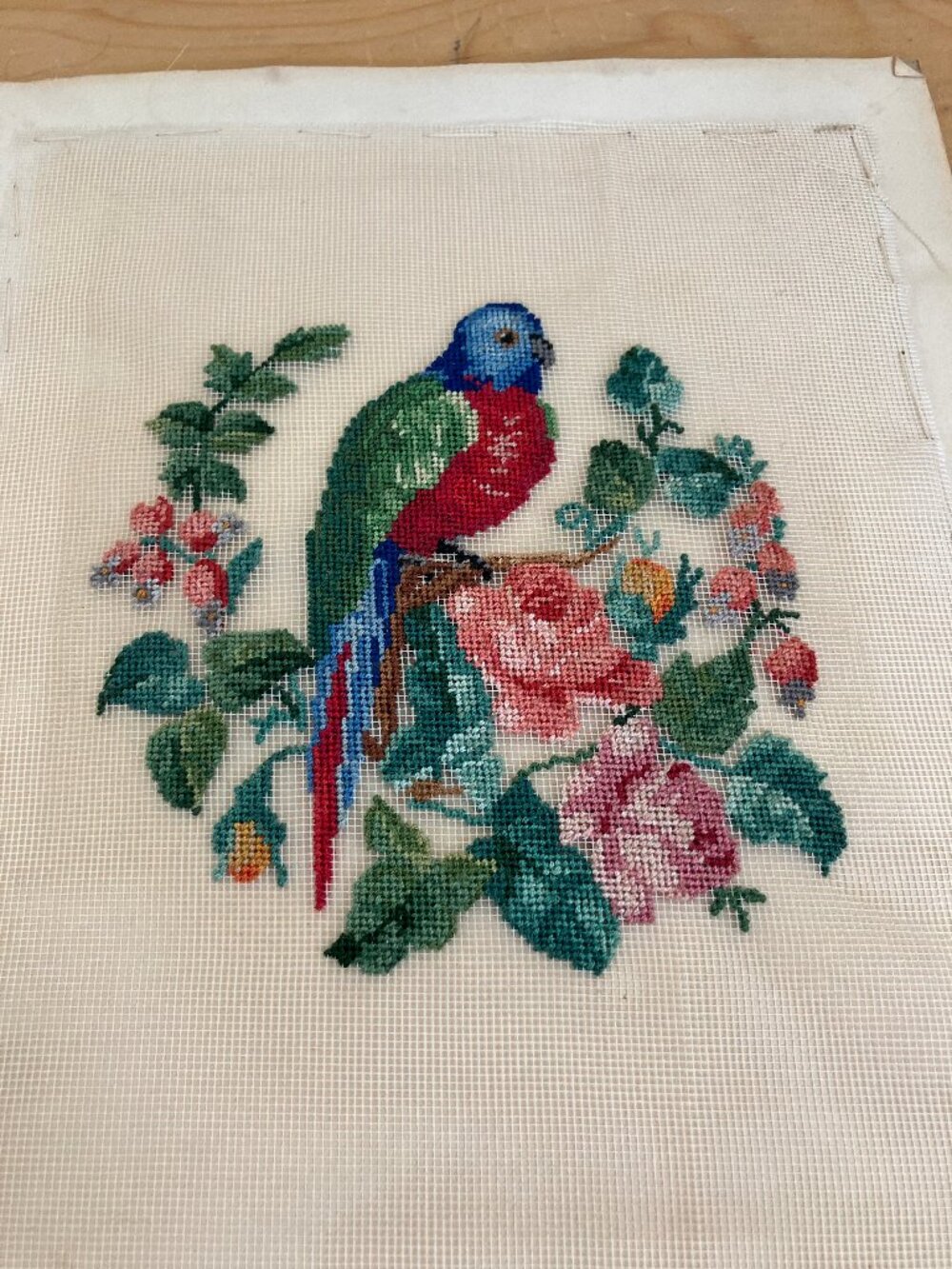 Love Bird Parrot Petit Point Completed Hand Embroidery Vintage Floral Design